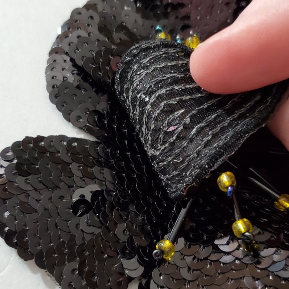 3D hibiscus beaded applique flower sew on iron on patch sequins tropical black - Picture 7 of 11